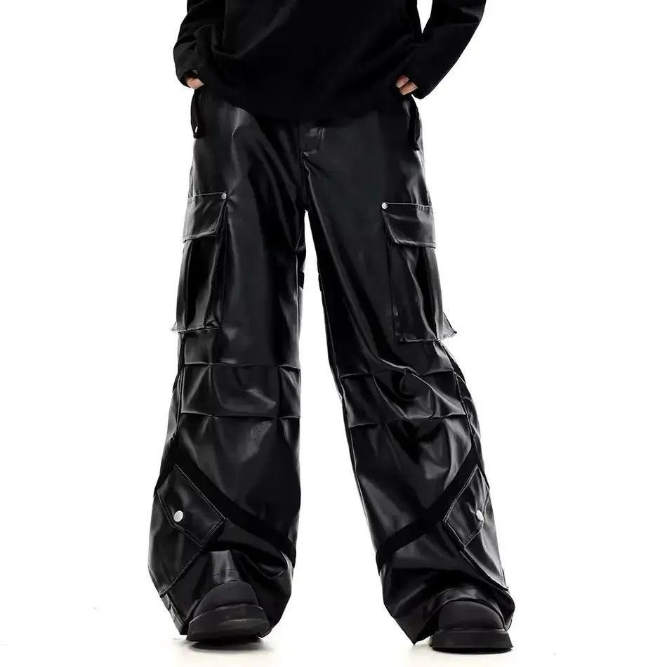 Japanese Brand Black Baggy Cargo PU Leather Jeans Size US 32 / EU 48 - 2 Thumbnail