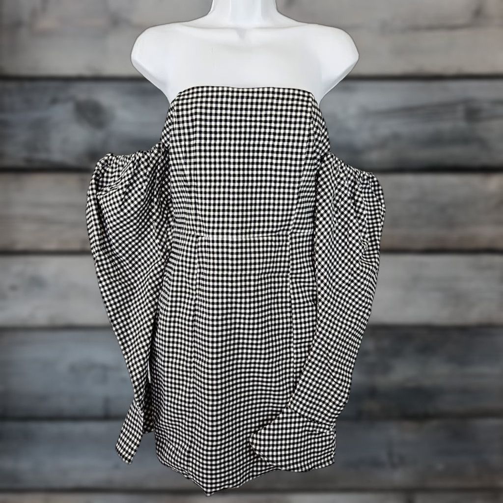 Vintage Naked Wardrobe Dress Gingham Strapless Long Sleeve Womens Large Black White Mini Short Size L Size L / US 10 / IT 46 - 1 Thumbnail