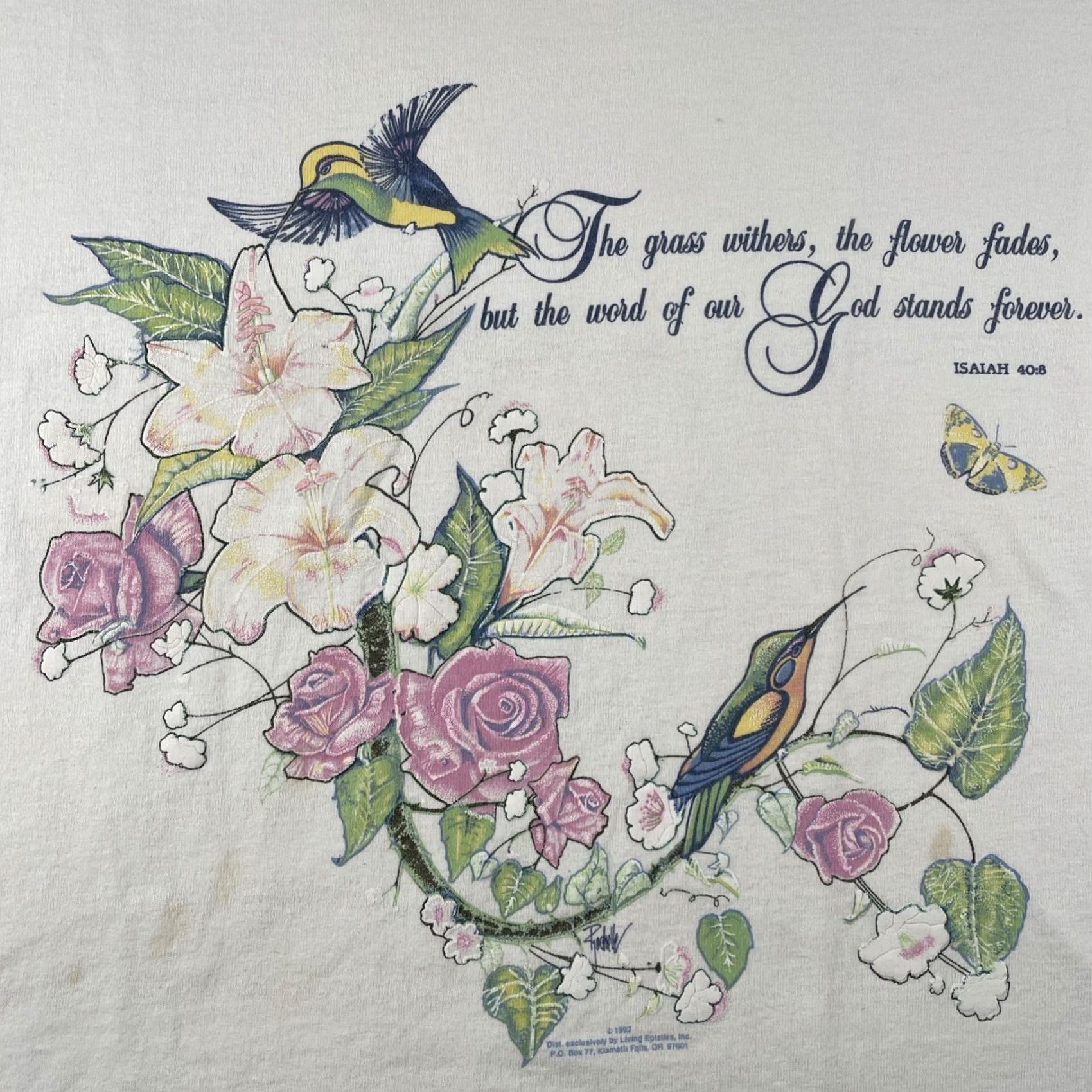 Anvil VINTAGE Anvil Shirt Long Sleeve XL White Floral Hummingbird 90s 80s Jesus Bible Isaiah 40:8 Mens Size US XL / EU 56 / 4 - 3 Thumbnail