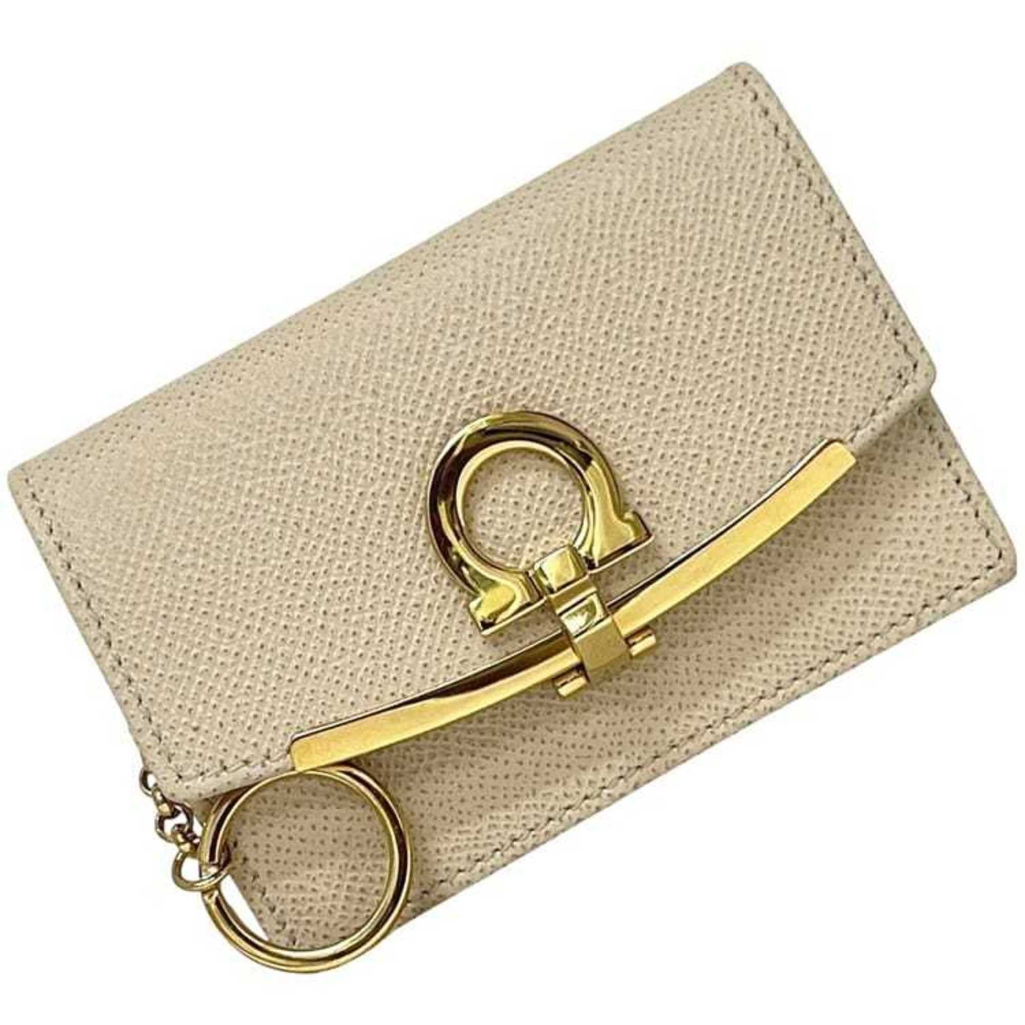 Salvatore Ferragamo Card Case ec-25110 Beige Gancini 22-D198 0740823 Unused Leather Business with Clip and Key Ring Suitable for Men Women