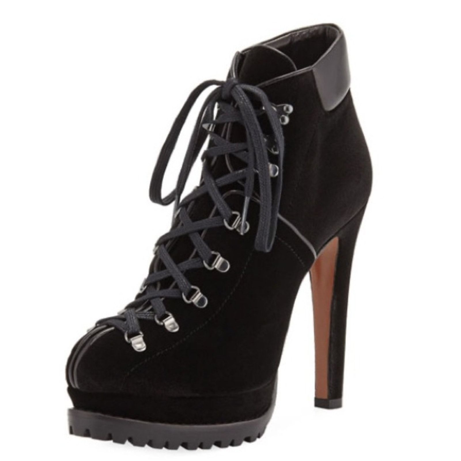 Alaia Ankle Hiking Boots Black Velvet Lace-Up Platform Heel Shoes Eu 38, Women's