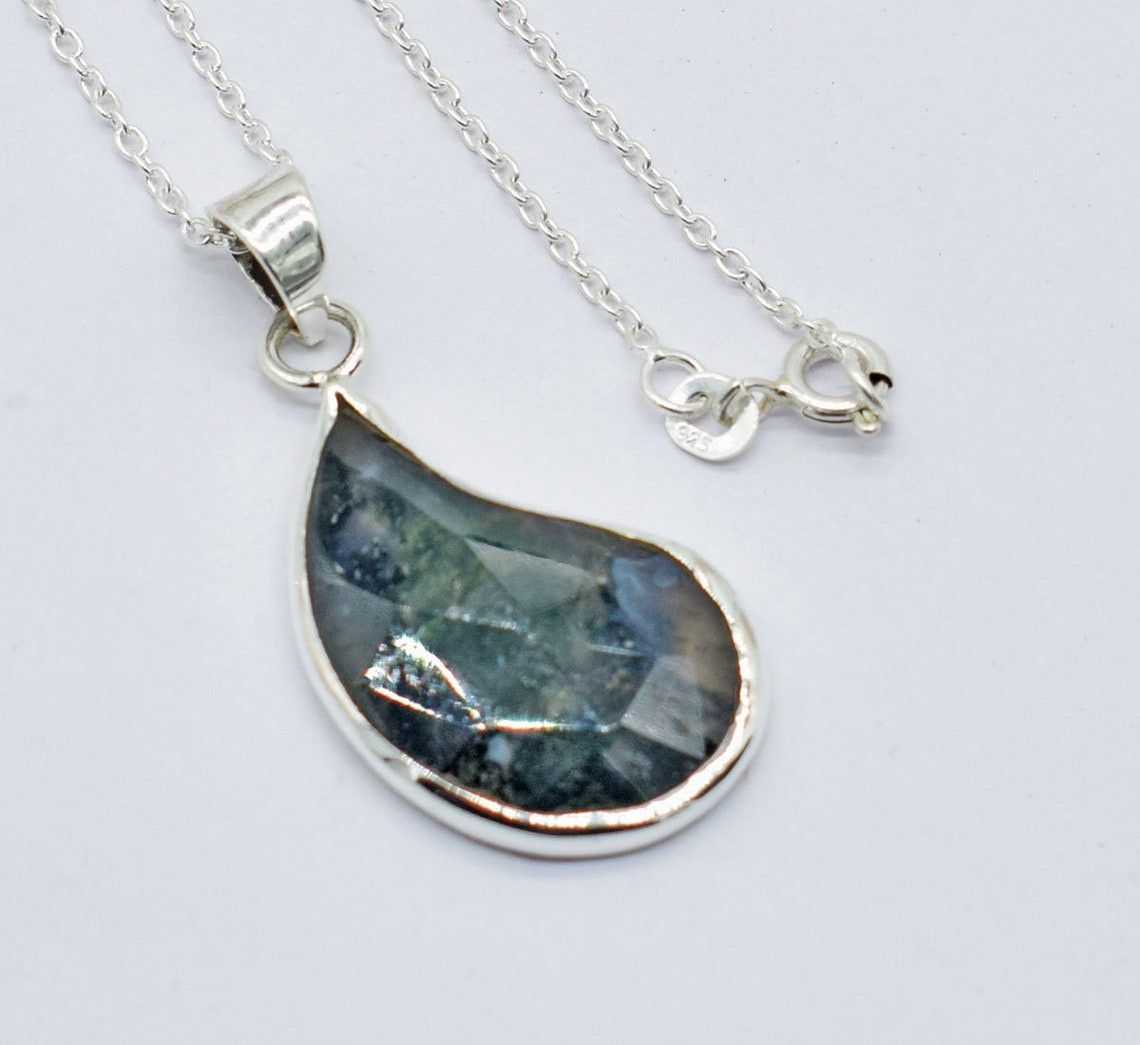 Handmade Moss Agate 925 Sterling Silver Necklace - 18 Inch Chain Size ONE SIZE - 2 Thumbnail