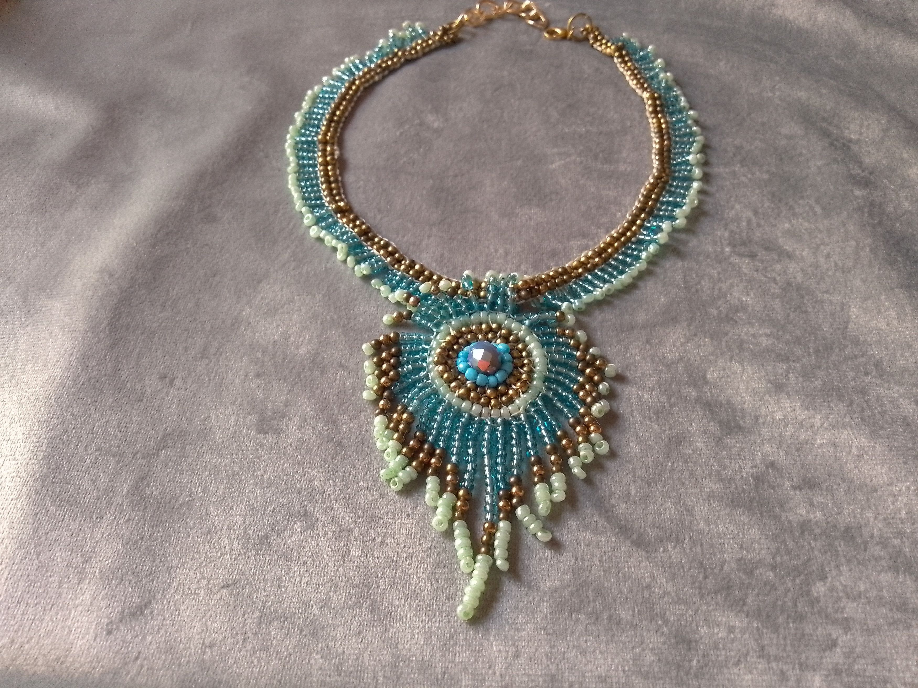 Handmade Necklace Peacock Feather Brass Metallic Glass Blue Crystal Size ONE SIZE - 1 Thumbnail