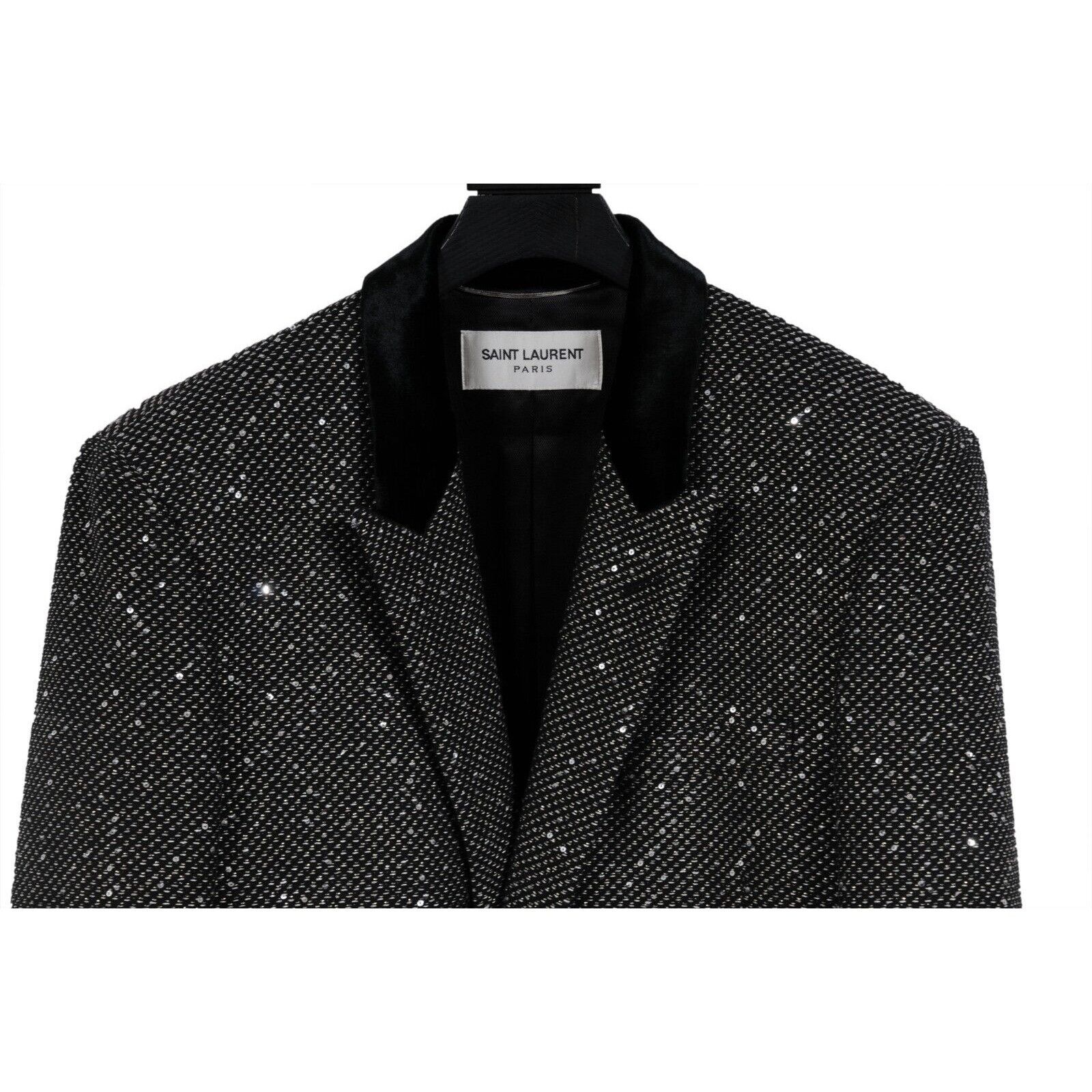 Saint Laurent Paris Single Breasted Sequin Overcoat Silver Black Coat Size US L / EU 52-54 / 3 - 4 Thumbnail