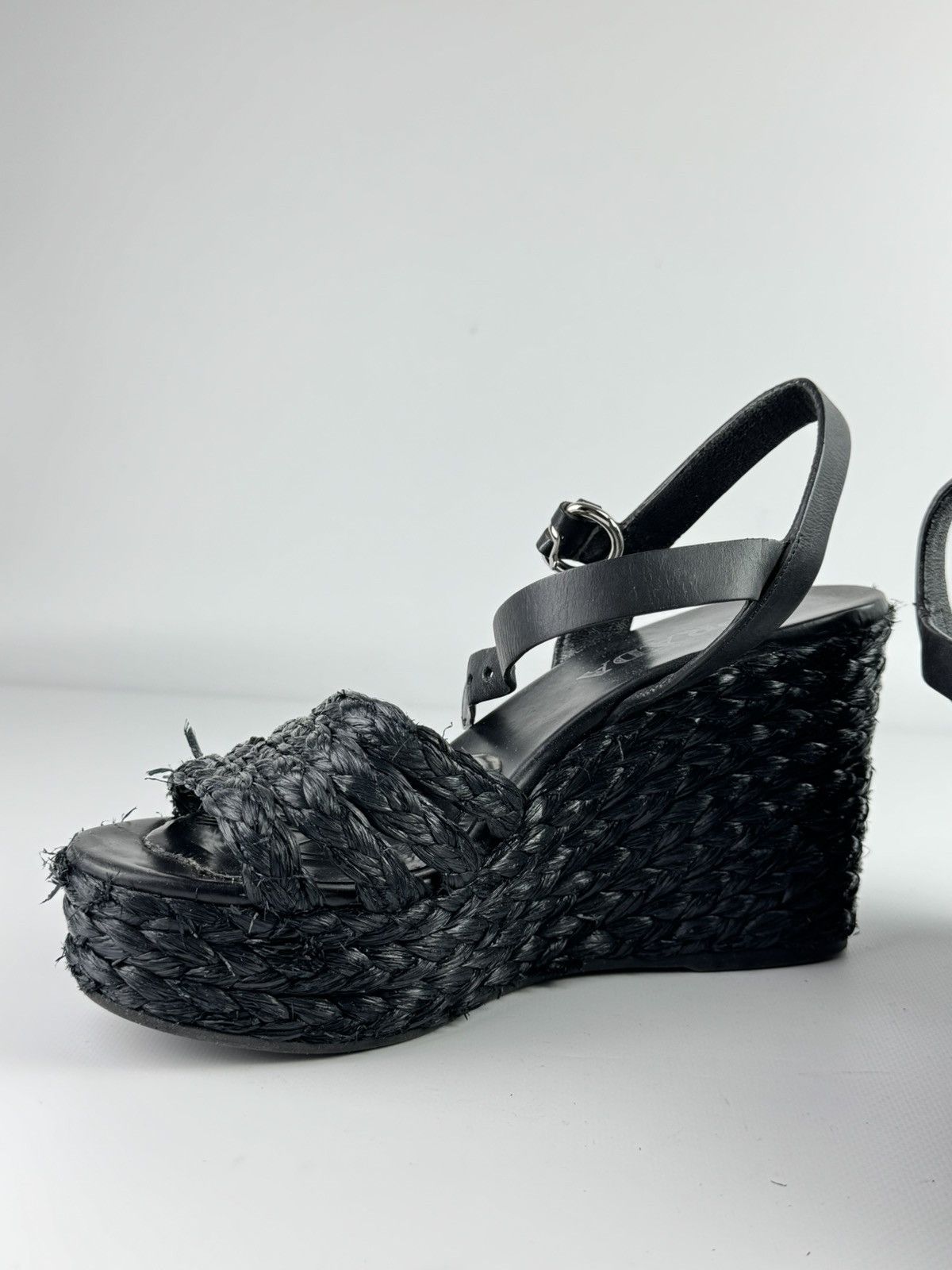 Prada Raffia Crisscross Wedge Sandals Espadrilles Black