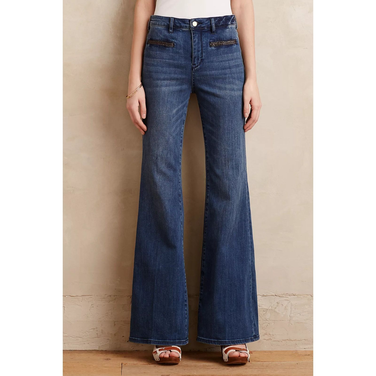 Anthropologie Pilcro Stet Braided Leather Flare Retro Boho Jeans Size 25 Size 25" / US 0 / IT 36 - 1 Thumbnail