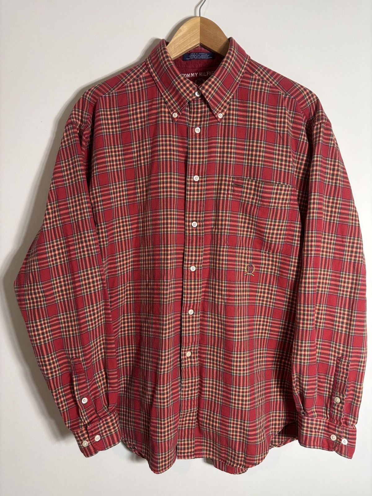 Vtg Tommy Hilfiger Plaid Flannel Shirt Corduroy Collar XL