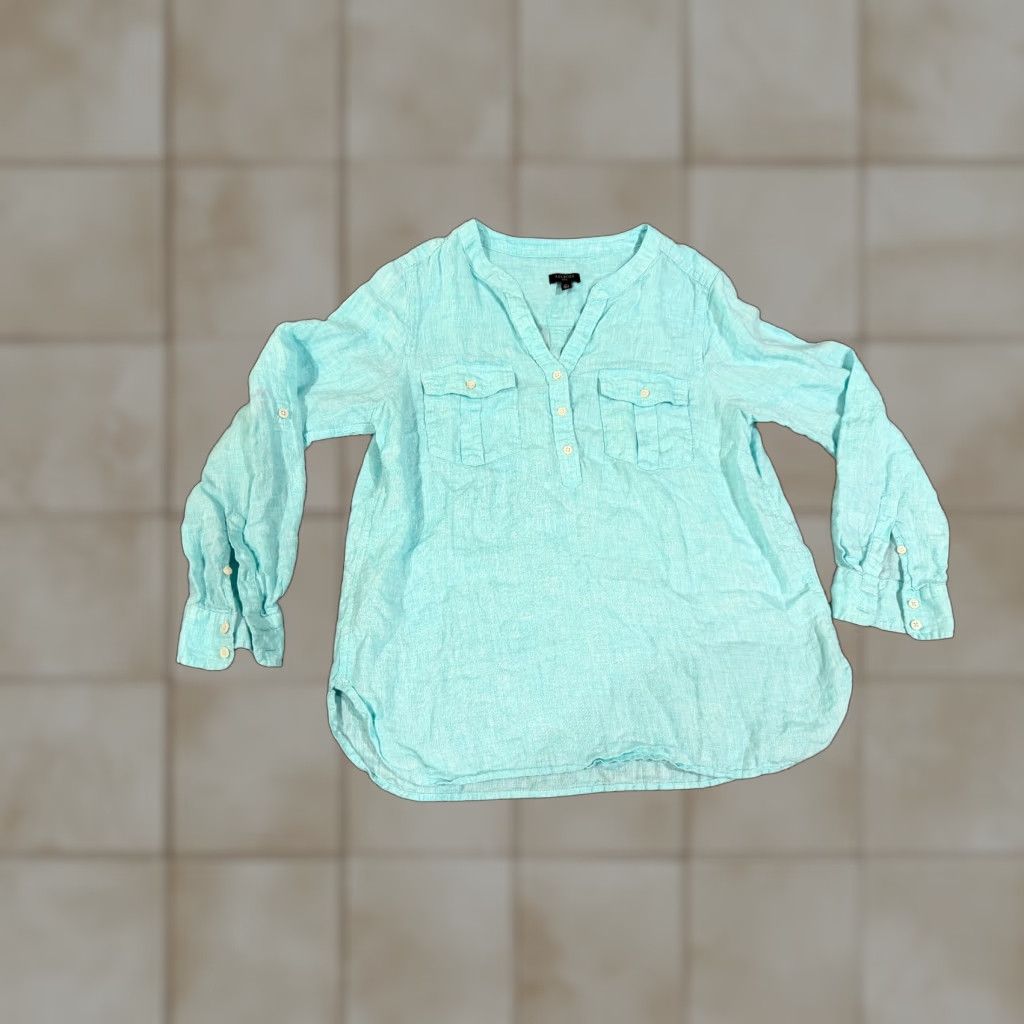 Talbots Talbots Button Front Shirt Womens Petite Large Green Linen Long Sleeve Casual Blouse Size L / US 10 / IT 46 - 1 Thumbnail