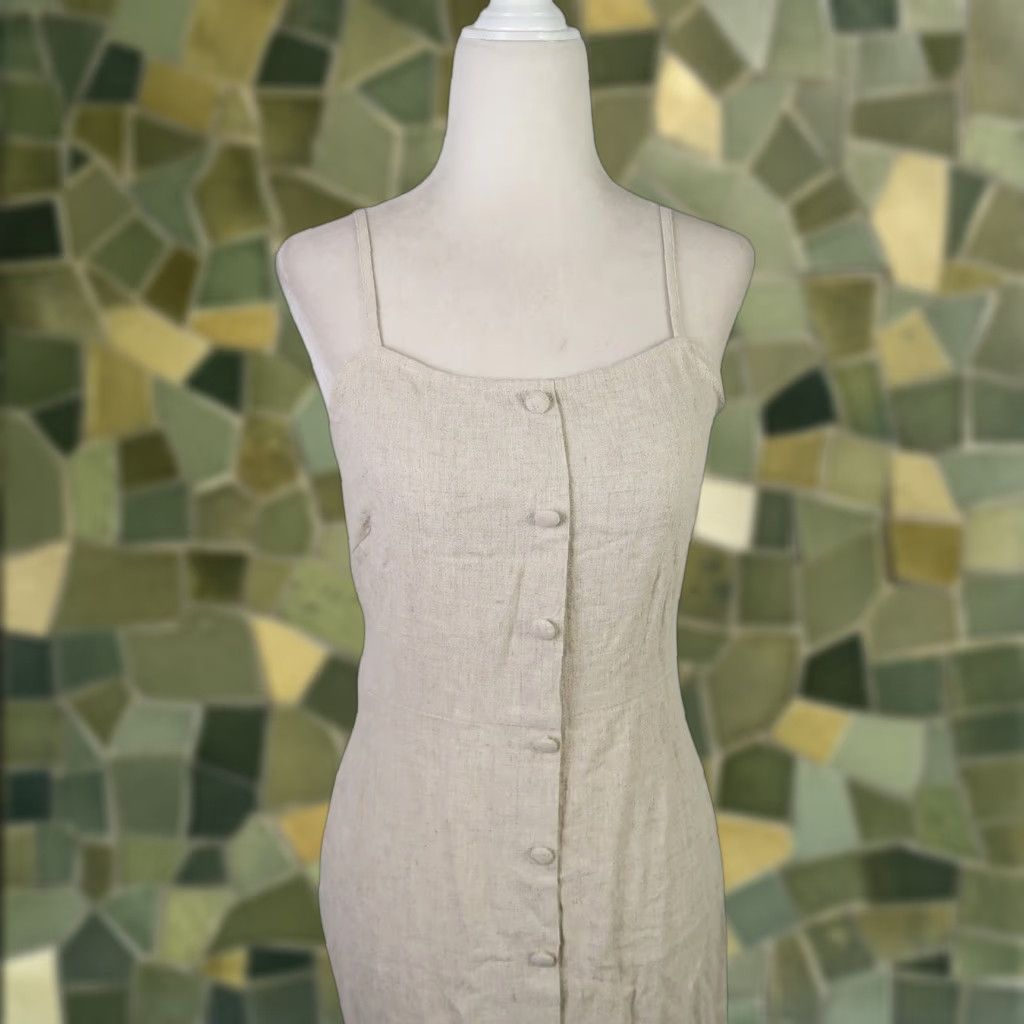Vintage Eye to Eye khaki tan button front midi dress Small NWT Sundress Sleeveless Rayon Ramie Women Casual 90s? Size S / US 4 / IT 40 - 1 Thumbnail