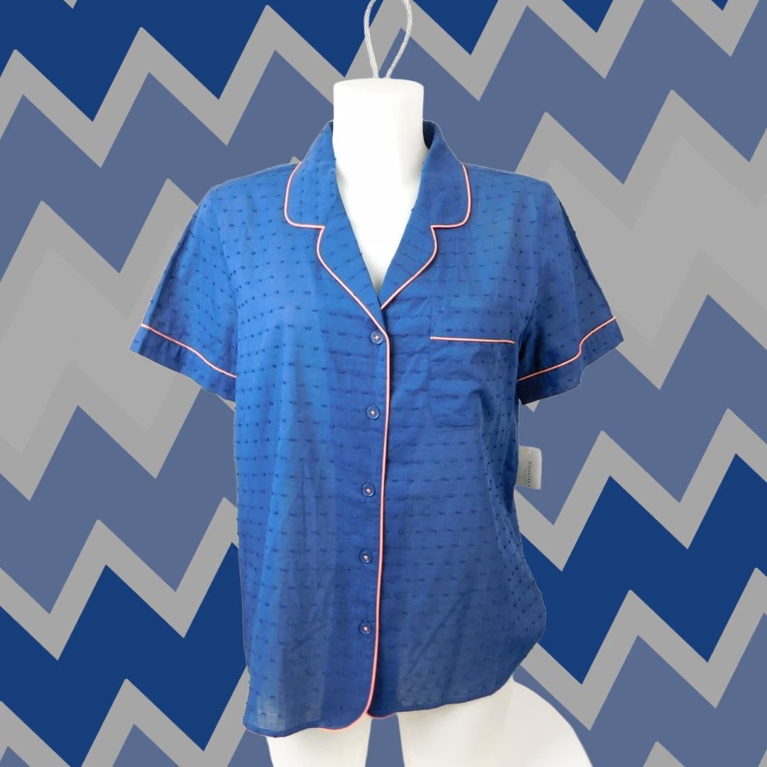 Charter Club Charter Club Notch Collar Woven Cotton Pajama Top Blue 2XL Womens Short Sleeve Button Closure Size XXL / US 16-18 / IT 52-54 - 1 Thumbnail