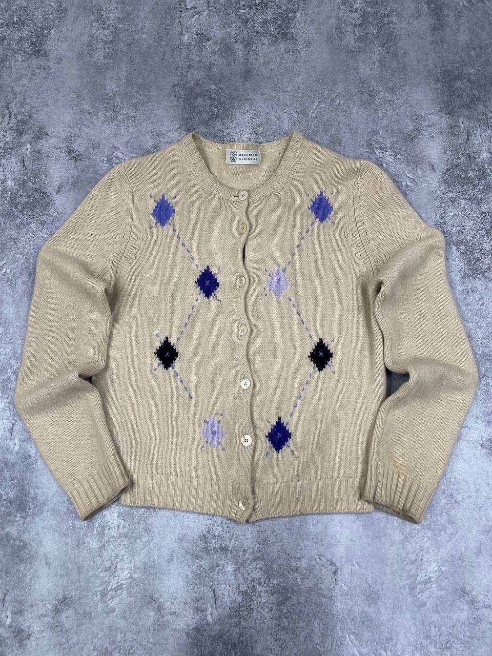 Brunello Cucinelli Brunello Cucinelli Women Wool Cardigan Beige Argyle Pattern Size M / US 6-8 / IT 42-44 - 1 Thumbnail