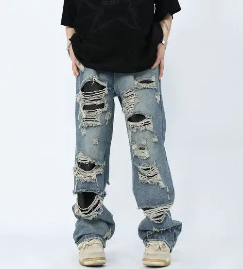 image of High Street Beggar Distressed Micro Flare Wide Leg Jeans in Blue, Men's (Size 32)