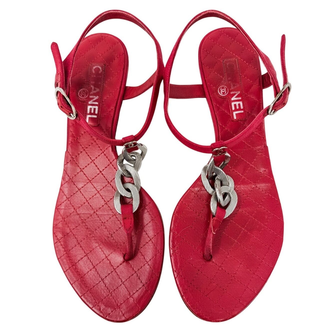 Chanel Chanel Red Silver Chain T Strap CC Logo Flat Sandals sz 37.5 Size US 7.5 / IT 37.5 - 8 Thumbnail