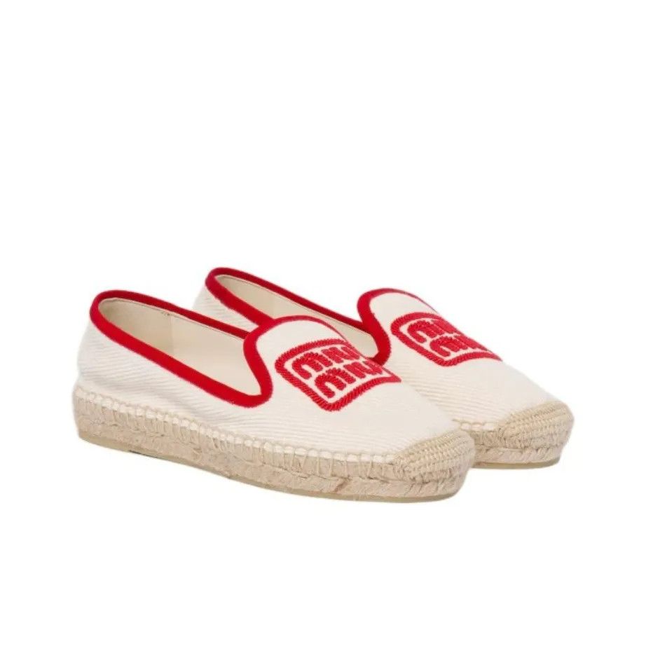Miu Miu o1B3y1r0526 Logo-Embroidered Slip-On Espadrilles Beige/Red Size US 11 / IT 41 - 3 Thumbnail