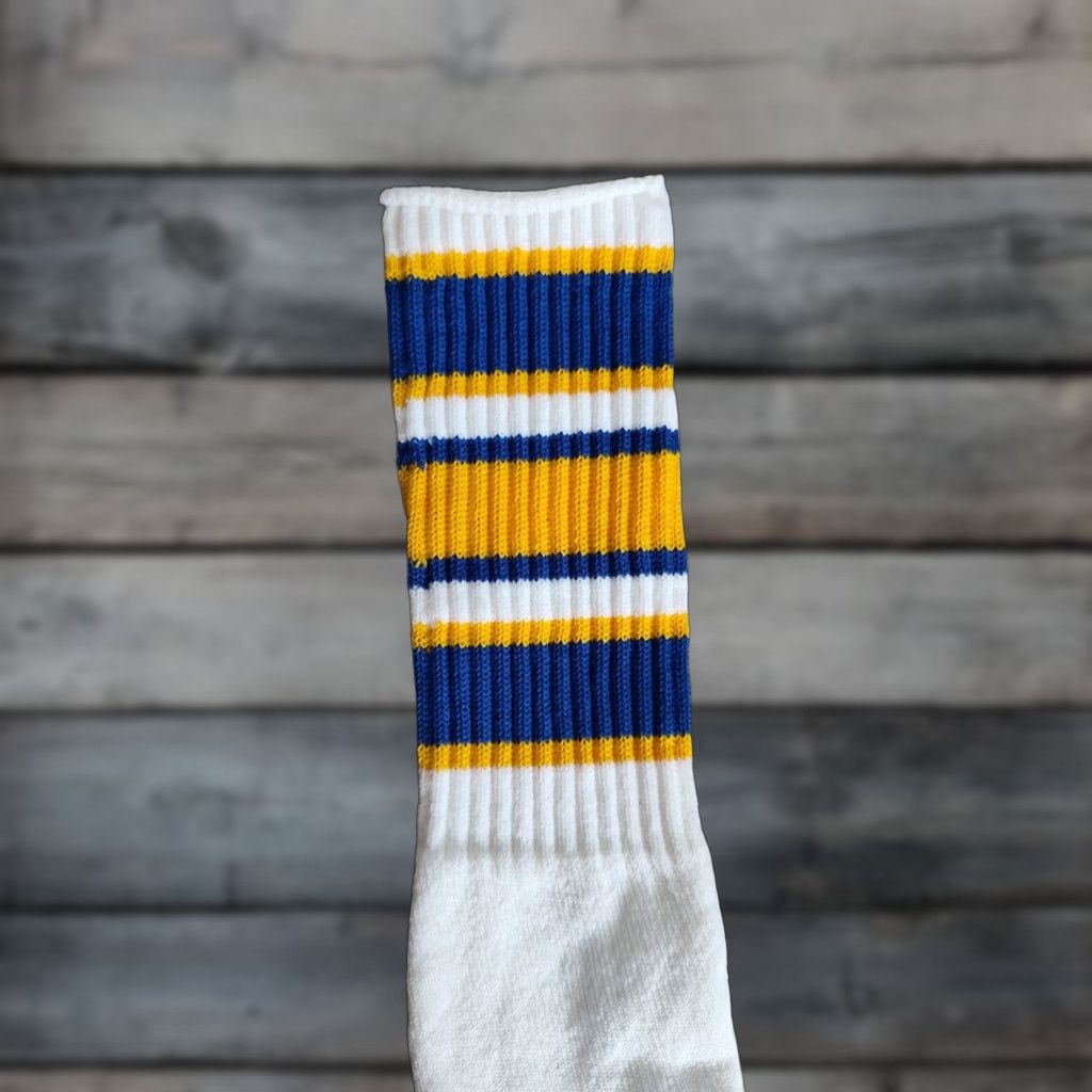 Vintage VINTAGE 80s Tube Socks Tall Stripe Blue Yellow Mens Unisex 22.5" Long Sportswear Size ONE SIZE - 1 Thumbnail