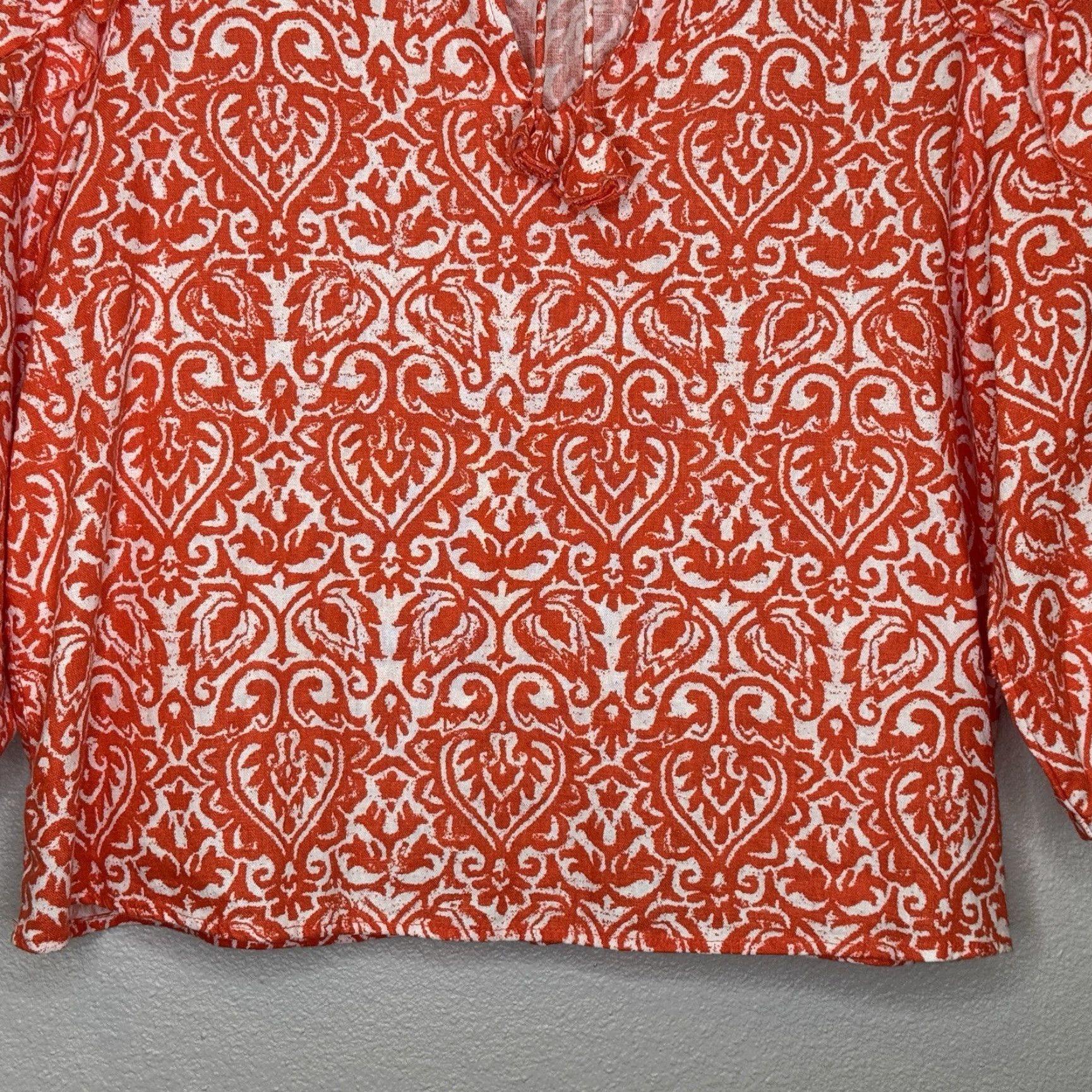 Vintage Marc New York Boho Top Womens Size L Orange Damask 3/4 Sleeve V-Tie Neck Linen Blouse Size L / US 10 / IT 46 - 5 Thumbnail