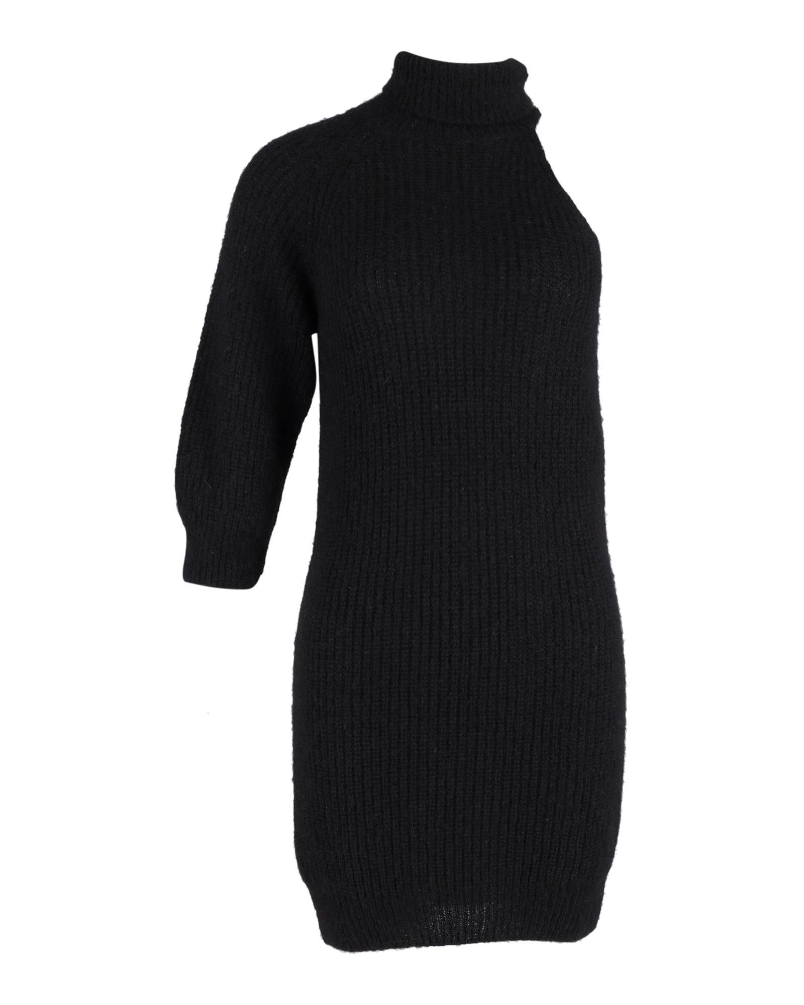 image of Alanui Rib Knit Mini Dress In Black Alpaca - Asymmetrical One-Shoulder Design, Women's (Size Medium