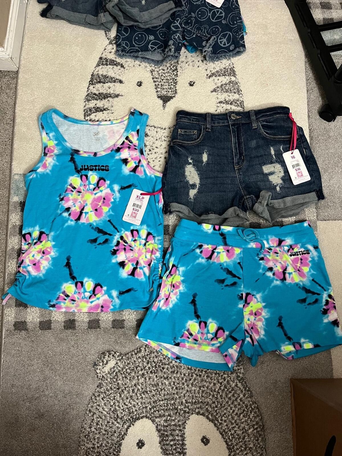 Other Justice Girls Size 16 Outfit Set NWT Tie Dye+Denim Shorts Size ONE SIZE - 2 Thumbnail