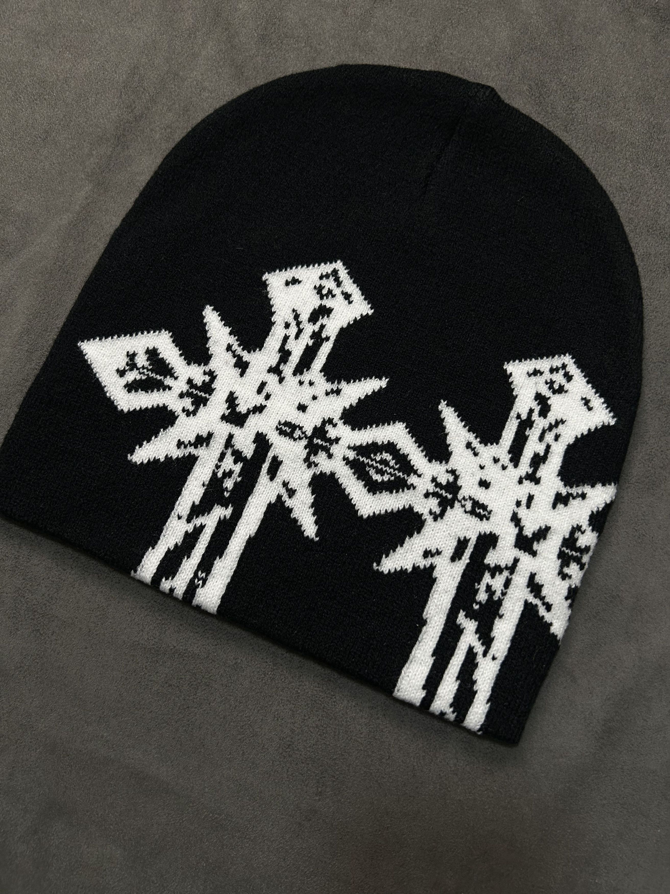 Japanese Brand Rare Double Crosses Graphic No Cuff Knit Beanie Black Hat OS Size ONE SIZE - 2 Thumbnail