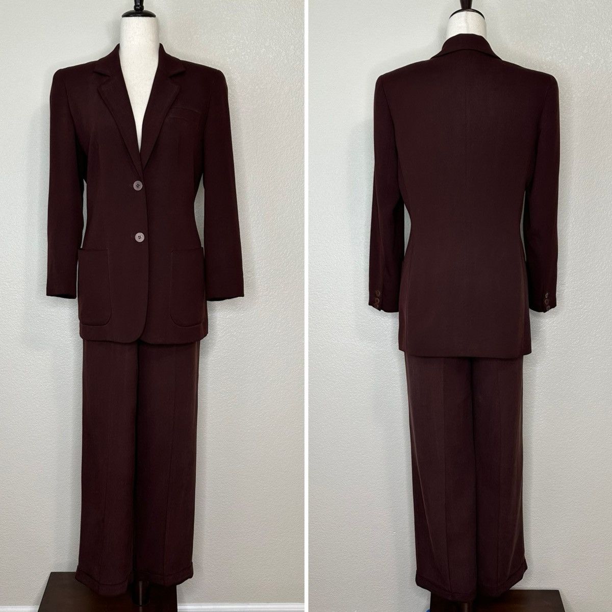 image of Ann Taylor Silk Wool Blend Burgundy Career Blazer Pants Set, Women's (Size Small)
