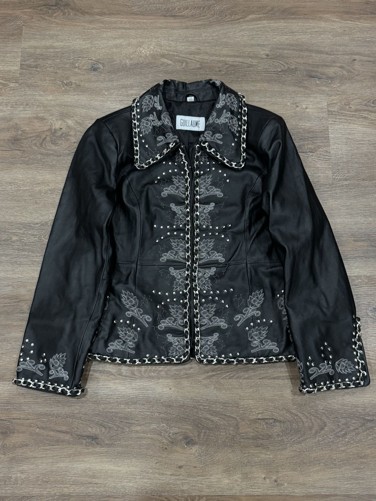 Guillaume Embroidered Leather Jacket Chain Trim Studded