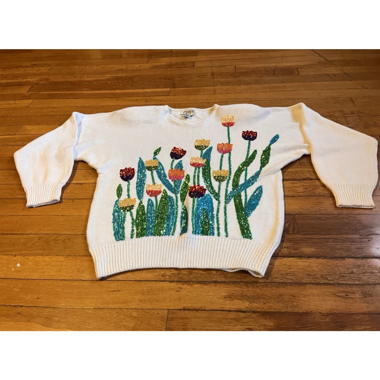 Vintage VINTAGE Cerville Floral Sequined Sweater Women’s M White 80s Sweater Size M / US 6-8 / IT 42-44 - 2 Thumbnail