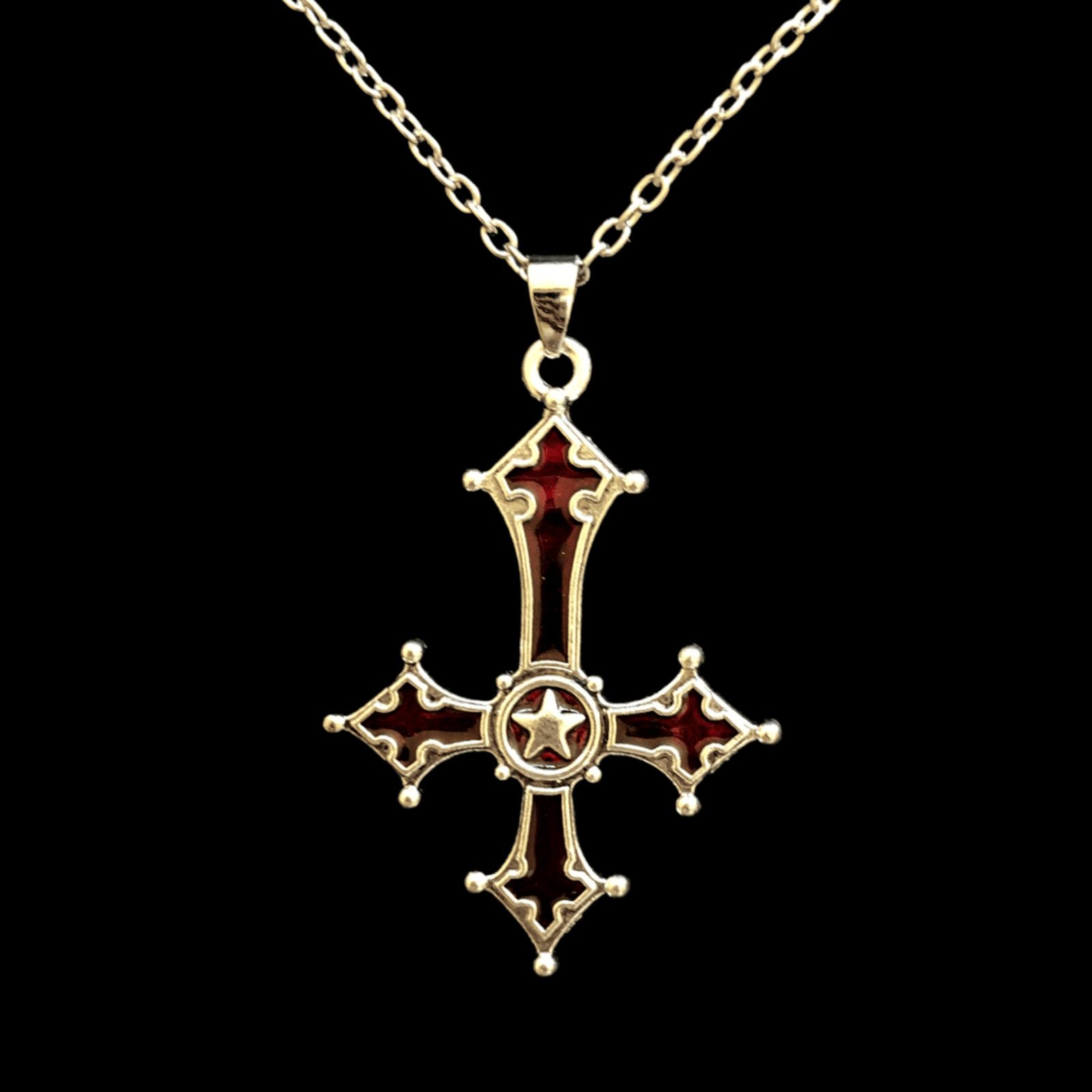 Chain x Jewelry Chrome Red Silver Cross Goth God Pendant Necklace Star Demon, Men's