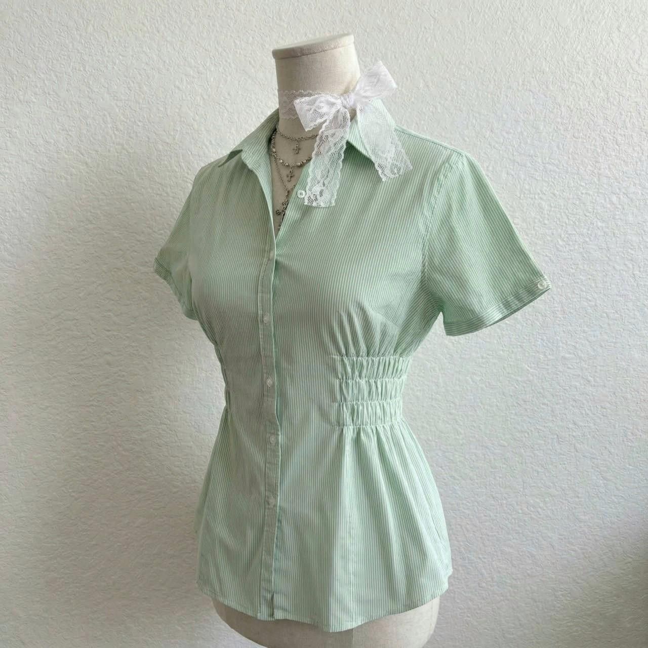 Vintage Montego green pinstripe button-up blouse, slim, fitted, y2k Size L / US 10 / IT 46 - 2 Thumbnail