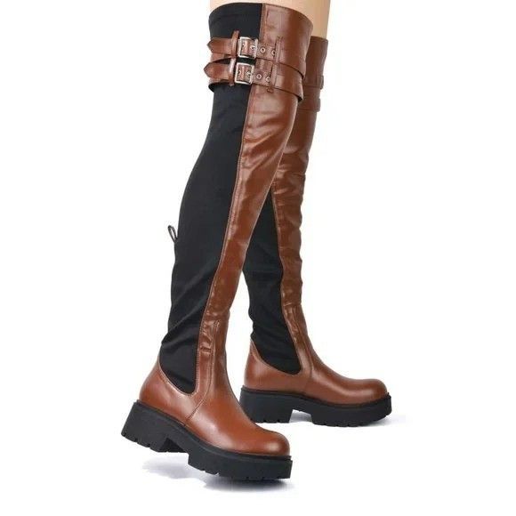 Other Techno Tan Black Stretch Panel Lug Sole Thigh High Boots Wid Size US 8 / IT 38 - 2 Thumbnail