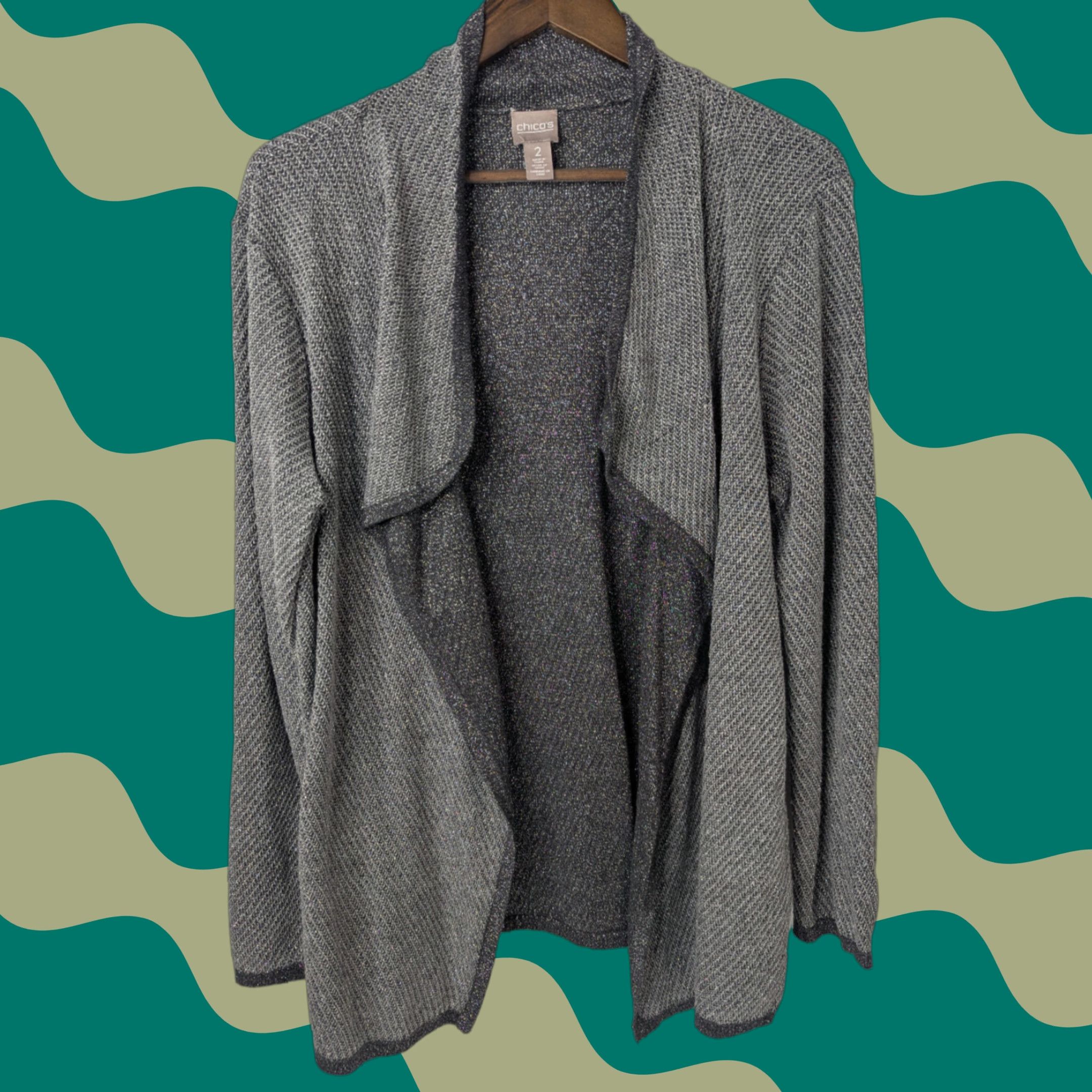 Vintage Chico's Cardigan Women Regular Open Front Knit 3/4 Sleeve Gray Cotton Acrylic Metallic Nylon Size XS / US 0-2 / IT 36-38 - 1 Thumbnail
