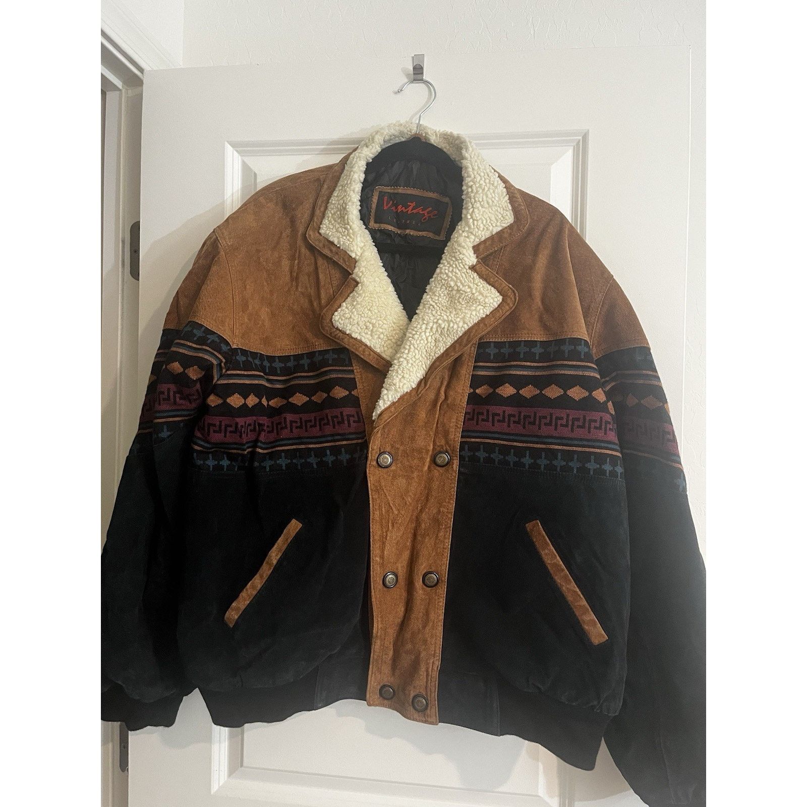 Other Vintage Leather Sherpa Lined Jacket Mens XL Western Aztec Size US XL / EU 56 / 4 - 1 Thumbnail