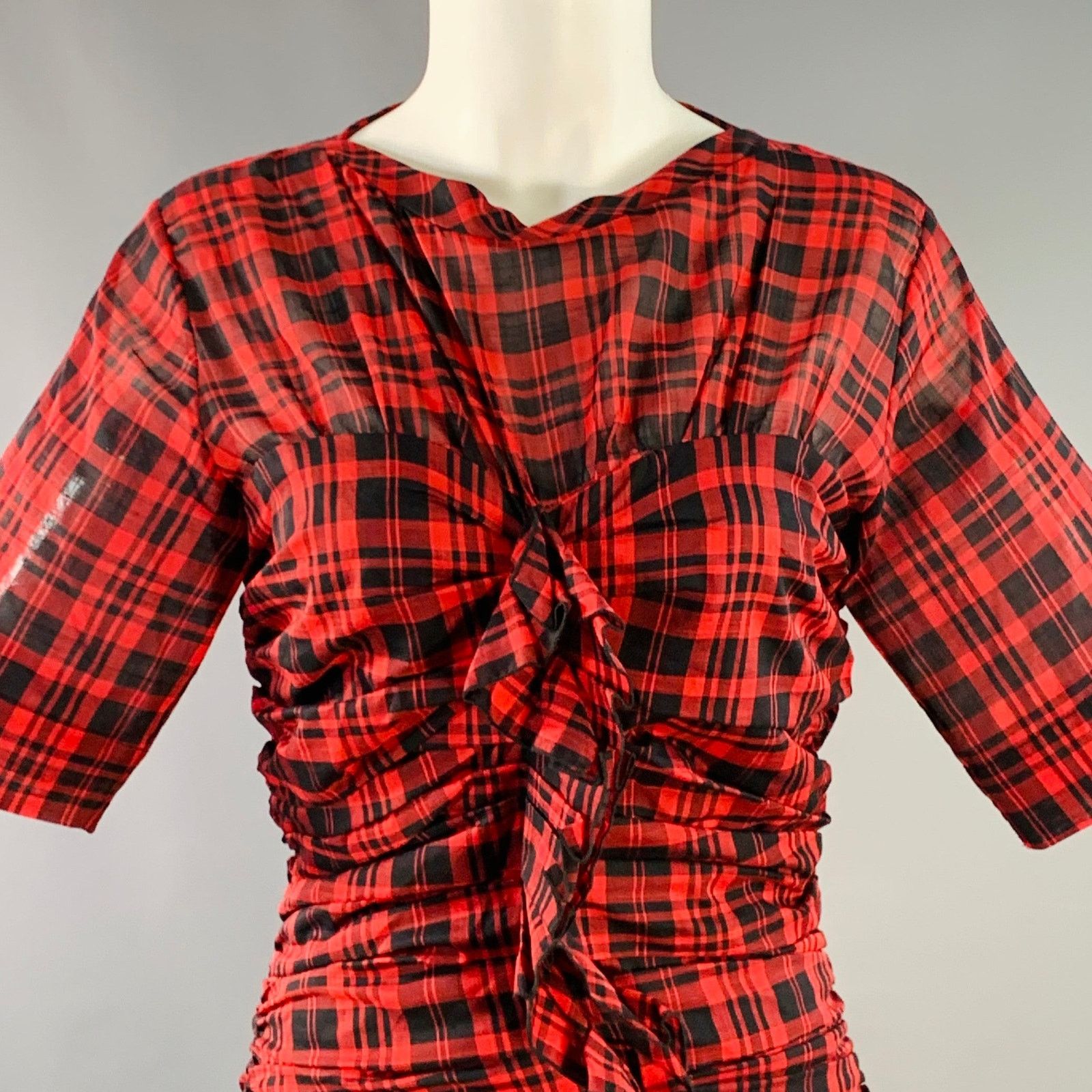 Isabel Marant Etoile Size XS Red Black Cotton Plaid Short Sleeve Ruched Dress Size XS / US 0-2 / IT 36-38 - 2 Thumbnail