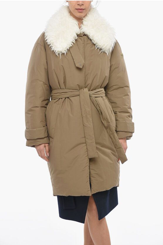 image of Stella Mccartney Belted Padded Parka With Removable Faux-Fur Collar in Beige, Women's (Size XS)