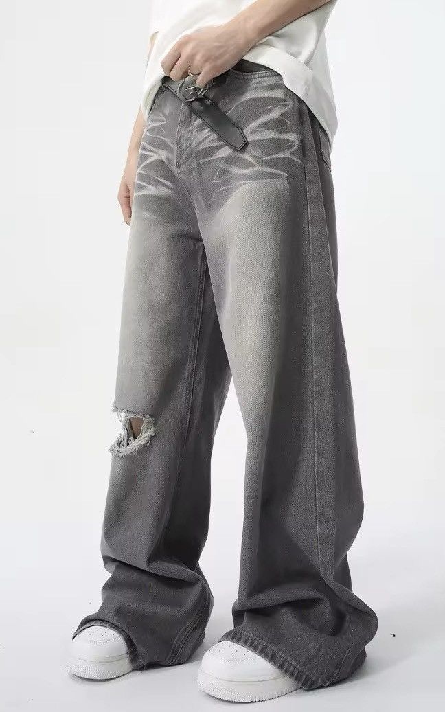 Designer × Vintage Retro Hole Washed Wide Leg Jeans Pants y2k Size US 30 / EU 46 - 4 Thumbnail