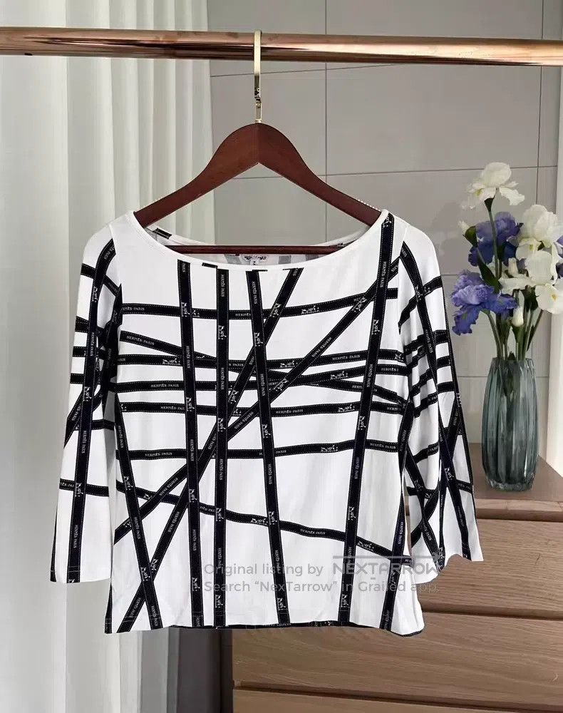Hermes Hermes Black and White Striped Short Sleeve Top Size L / US 10 / IT 46 - 1 Thumbnail
