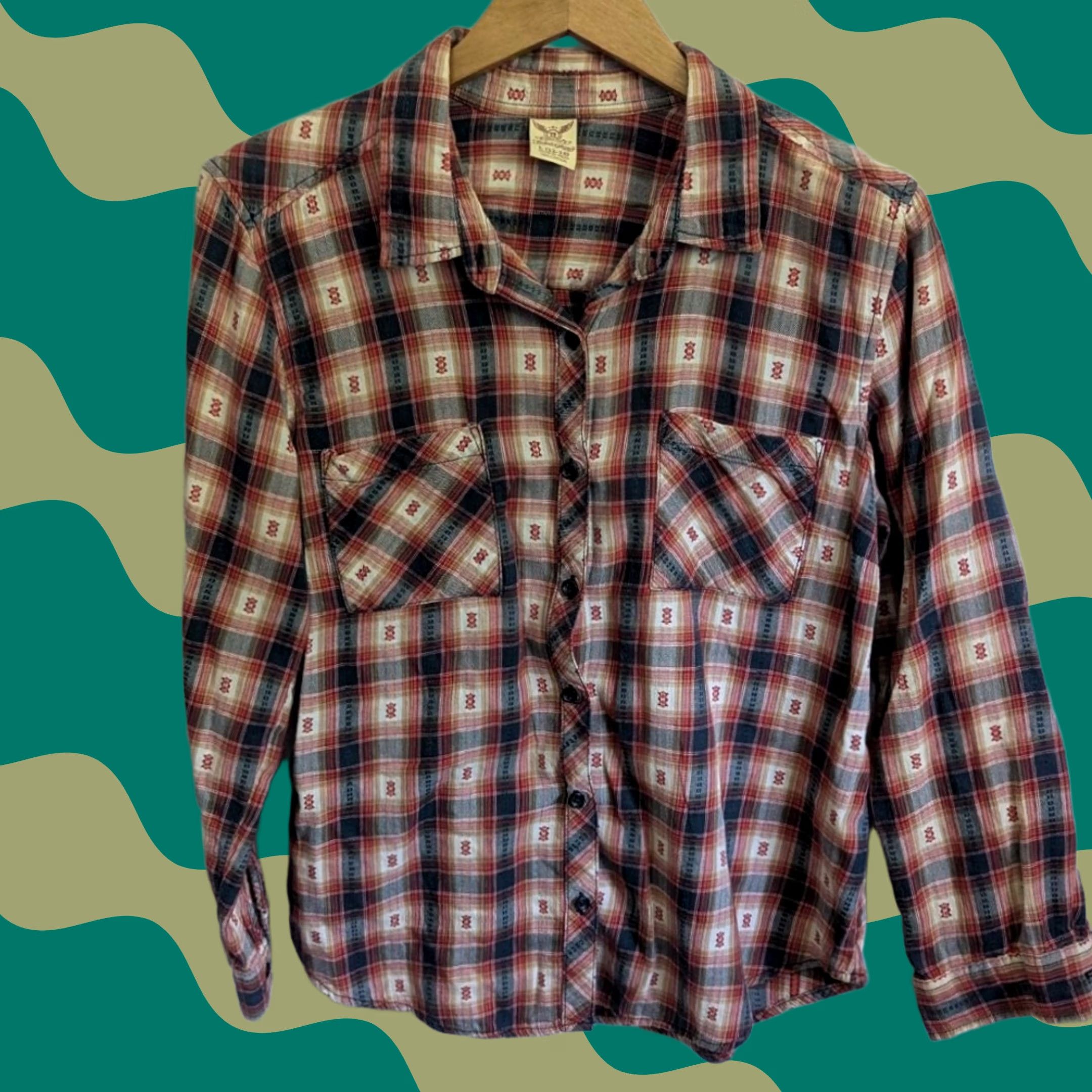 Faded Glory Orange Dobby Plaid Button Front Shirt Womens M 12-14 100% Cotton Southwest Boho Shirt Size M / US 6-8 / IT 42-44 - 1 Thumbnail