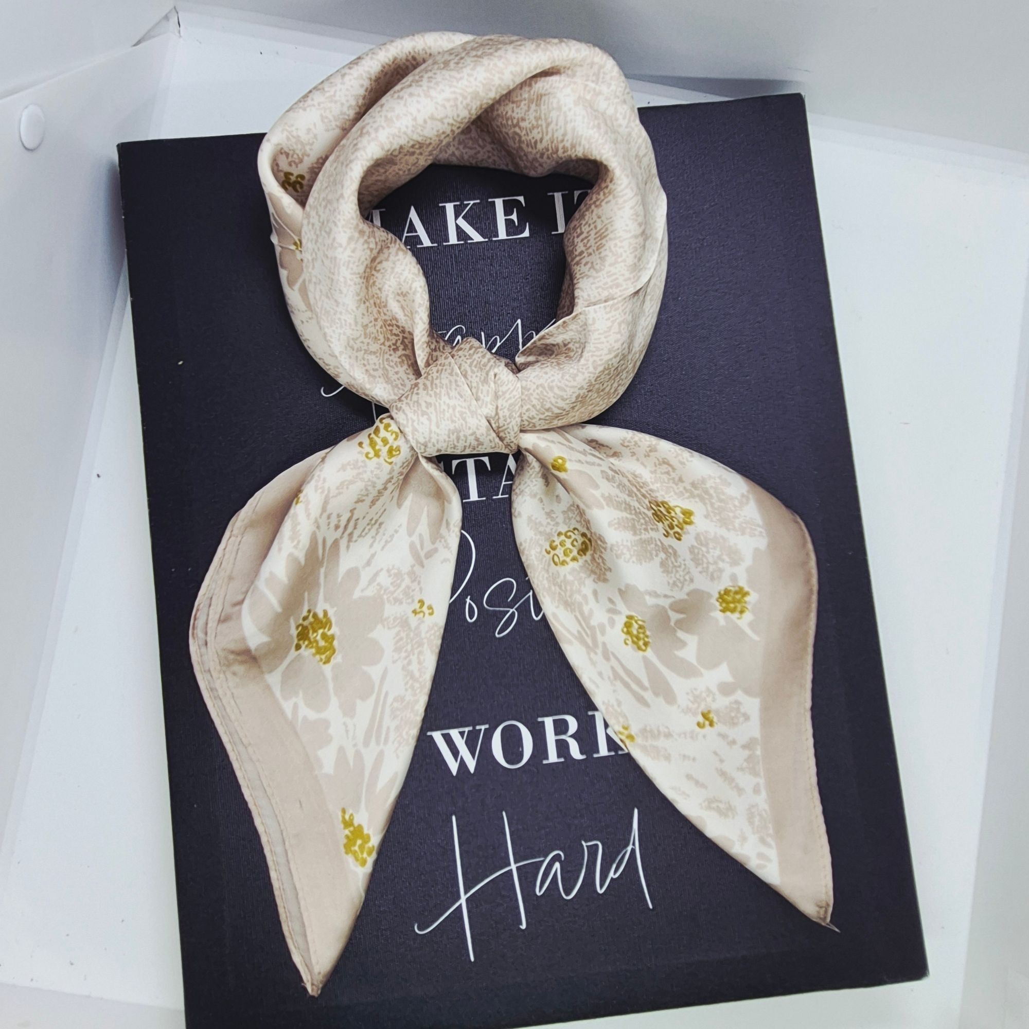 Other New Elegant Bandana Square Scarf Floral Beige and Gold Silk Size ONE SIZE - 2 Thumbnail