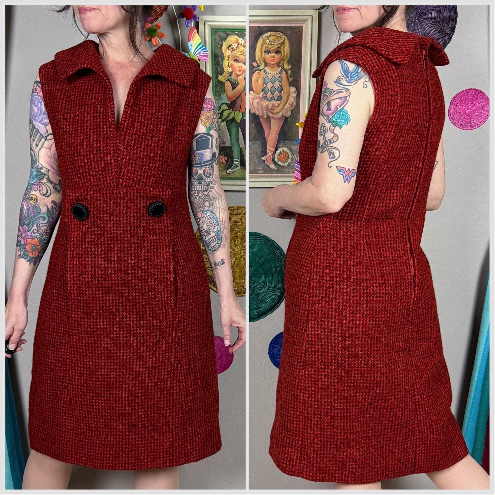 Vintage Vintage 1960s Red and Black Sleeveless Tweed A-Line Dress Size S / US 4 / IT 40 - 3 Thumbnail