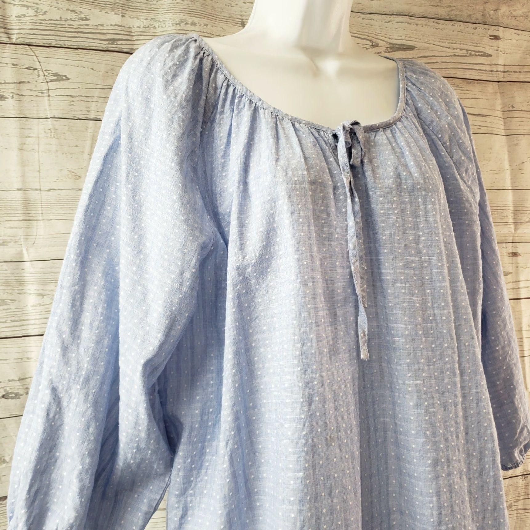 Vintage Grand & Green Womens Blouse Shirt 3/4 Sleeve Blue White Polka Dots Cotton Large Size L / US 10 / IT 46 - 2 Thumbnail