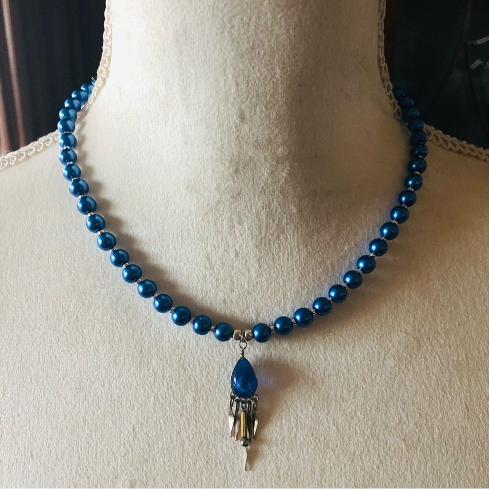 Handmade Handcrafted repurpose teardrop glass fringe Pearl necklace Size ONE SIZE - 2 Thumbnail