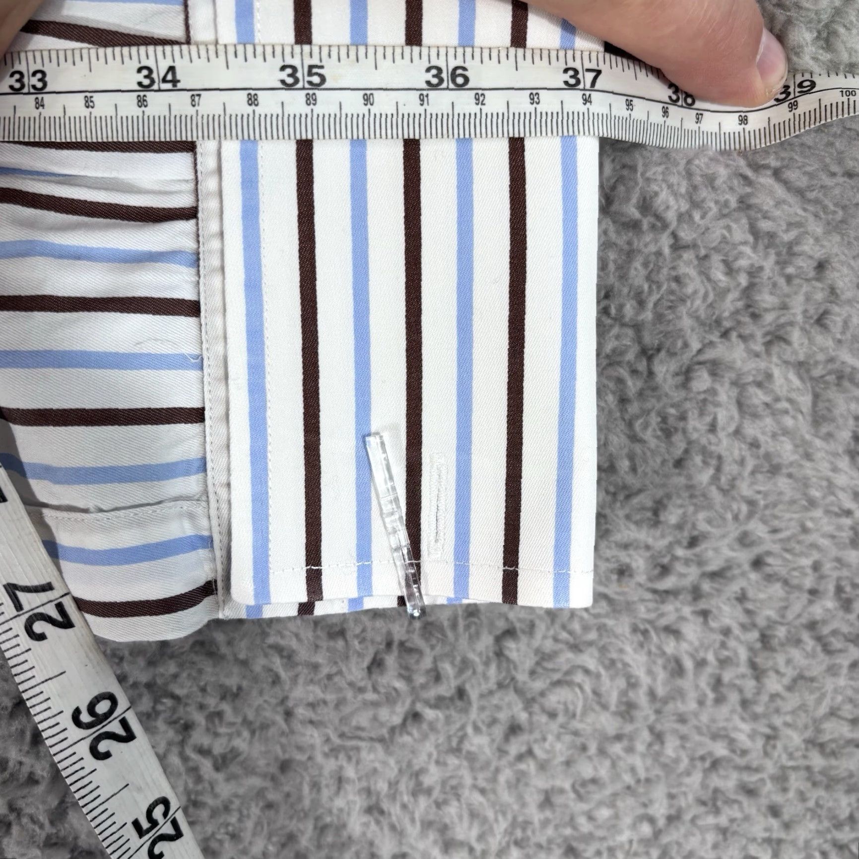 Vintage Skip Gambert Dress Shirt Mens XL White/Brown/Blue Stripe Cotton French Cuff USA Shirt Mens XL White/Brown/Blue Stripe Cotton French Cuff USA Size 46R - 5 Thumbnail