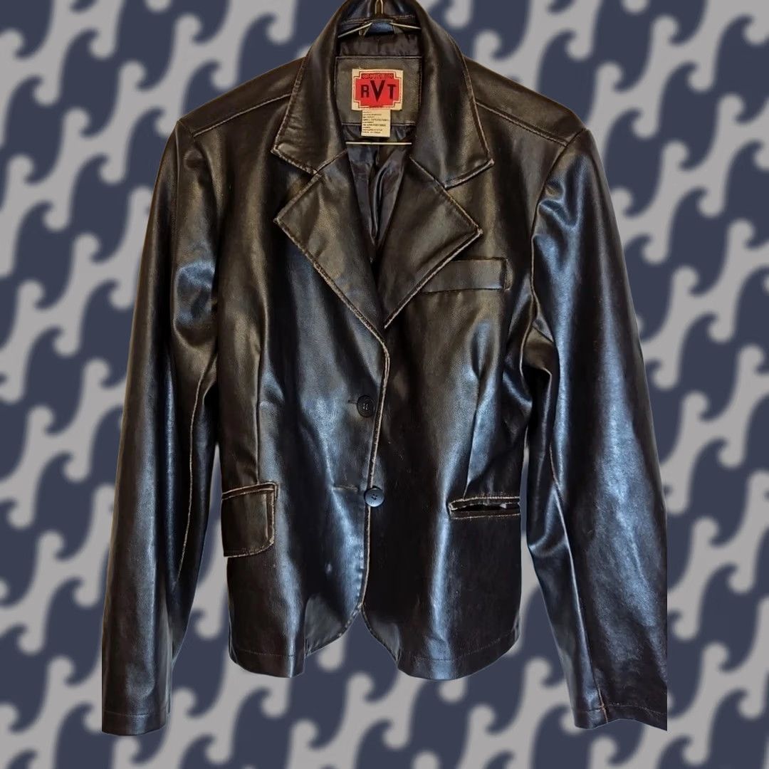 Vintage RVT Black Faux Leather Jacket Blazer Women Large Cropped Mid-Length Polyester Lining Solid Vegan Leather Basic Jacket Size L / US 10 / IT 46 - 1 Thumbnail