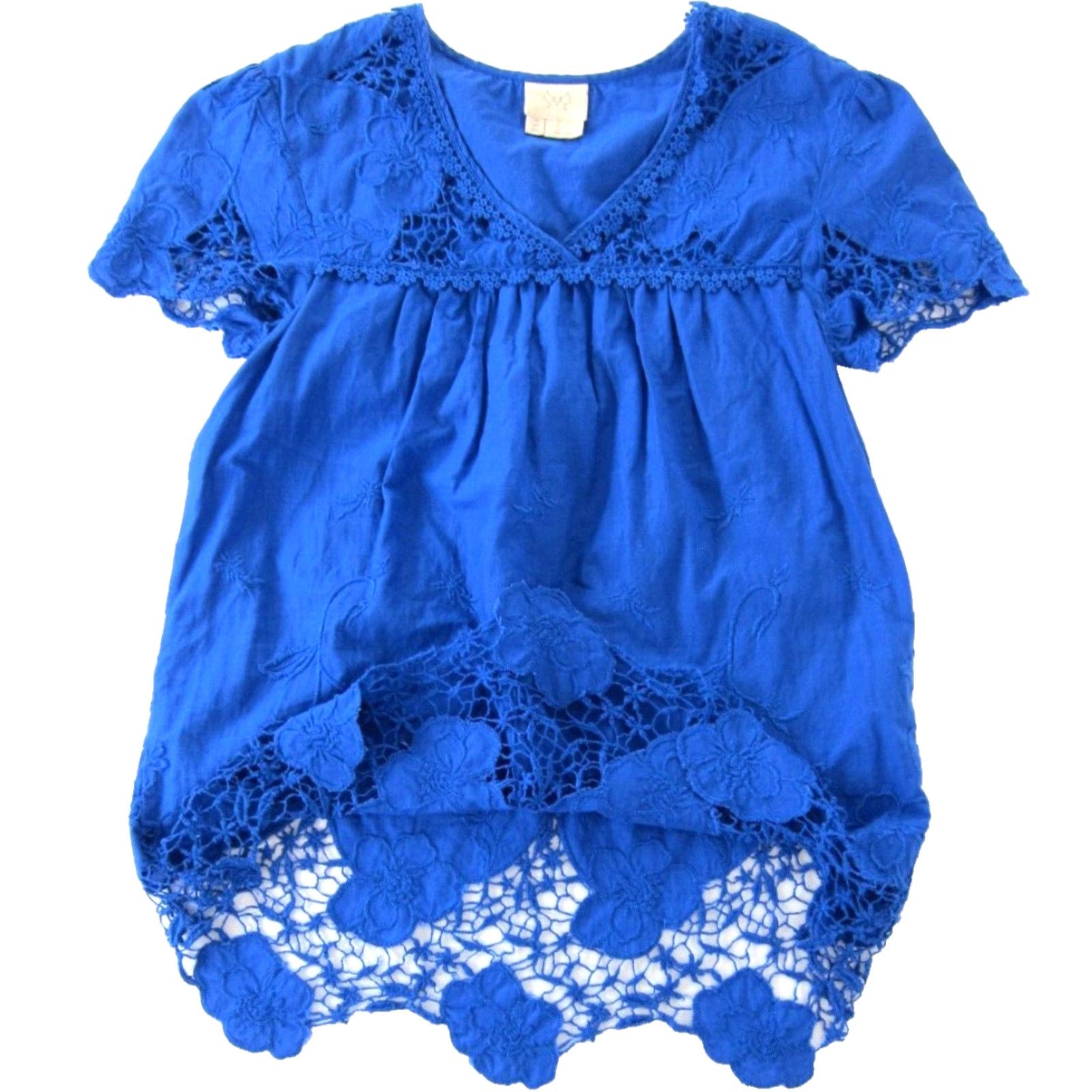 Anthropologie Vanessa Virginia Anthropologie Cotton Blue Embroidered V-Neck Peasant Blouse 2 Size XS / US 0-2 / IT 36-38 - 6 Thumbnail