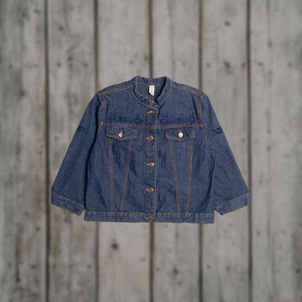 Denime Vintage CJ Blue Denim Jacket Large Embroidered Button Front Blue Jean Coat Mens Jacket Size US 33 - 1 Thumbnail