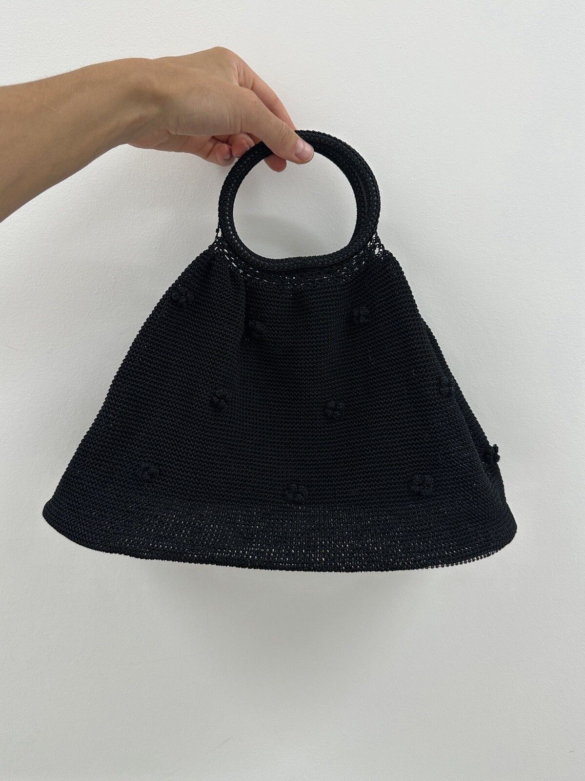 Handmade Hand Made Knit Hand Bag Black Crochet Flowers Size ONE SIZE - 3 Thumbnail