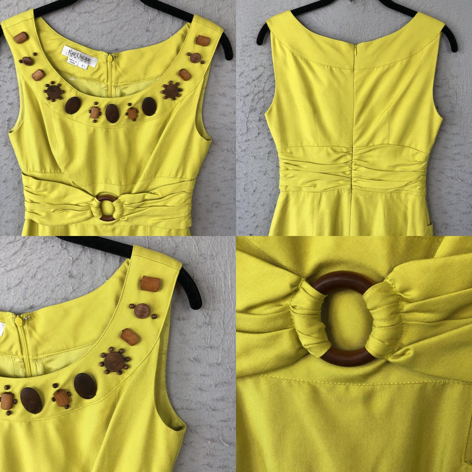 Vintage Kay Unger Dress Womens 4 Yellow Silk Sheath Wood Beaded Waist Belt Cocktail Glam Size S / US 4 / IT 40 - 8 Thumbnail