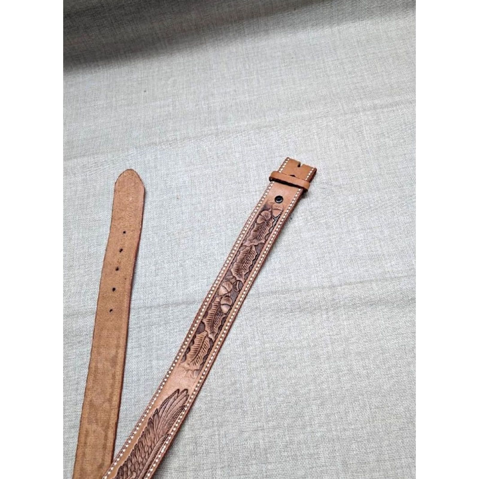 Vintage VINTAGE handcrafted EAGLE Tooled Western Belt 32 Cowhide Leather brown 1-5/8" Regular Men Size 32 - 6 Thumbnail