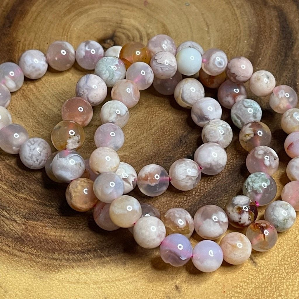 Other Pink green Flower Agate stretch beaded bracelet 7” crystal healing beads 8mm ONE NEW Size ONE SIZE - 2 Thumbnail
