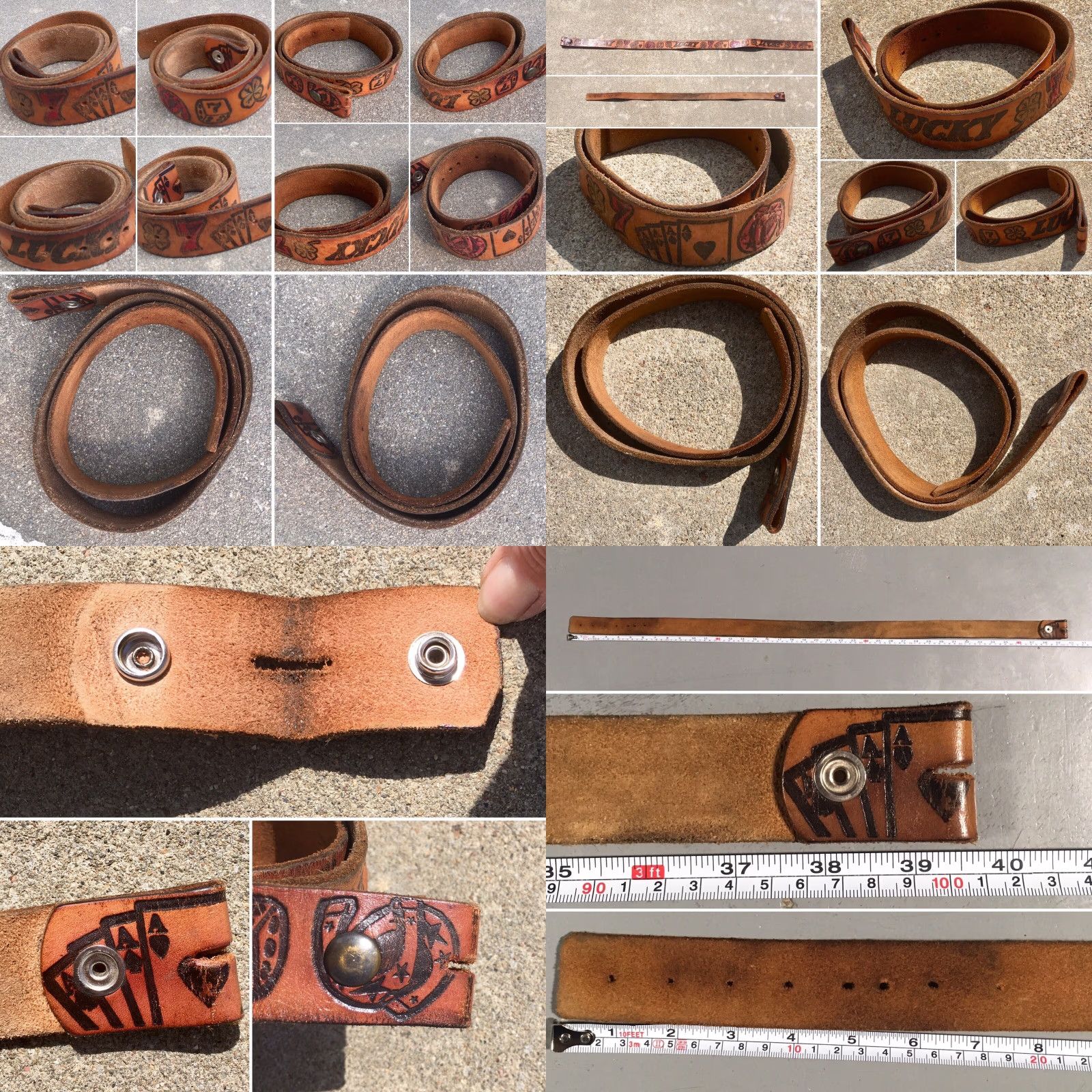 Vintage VINTAGE Tooled Leather Belt Gambling Theme Lucky 7 Clover Cards Horse Shoe Dice Brown Leather Adult Unisex Casual Rockabilly Size ONE SIZE - 8 Thumbnail