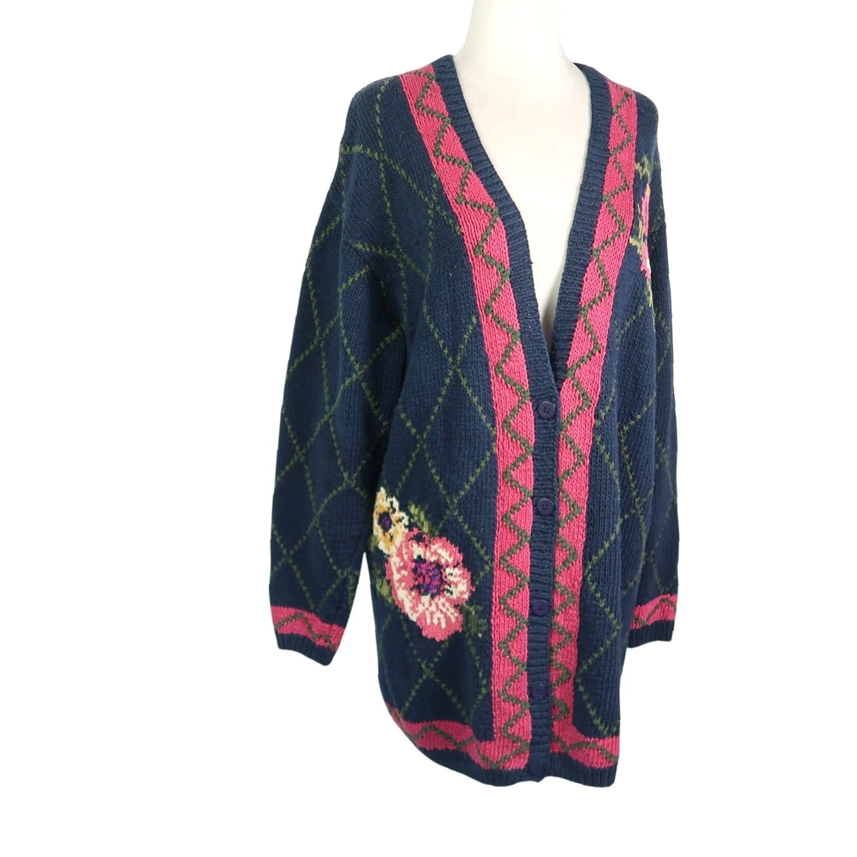 Liz Claiborne VINTAGE Liz Claiborne Cardigan Sweater Womens M Navy Blue Pink Floral 90s Bohemian Knit Cotton Linen Long Sleeve Casual Sweater 90s Size M / US 6-8 / IT 42-44 - 3 Thumbnail
